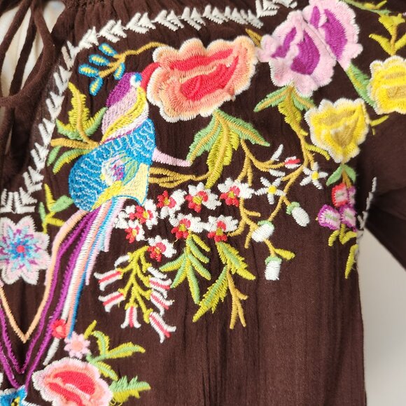 Sundance Amora Blooms Bird Floral Embroidered Boho Top Tassel Cotton Brown Sz.S - Picture 4 of 10
